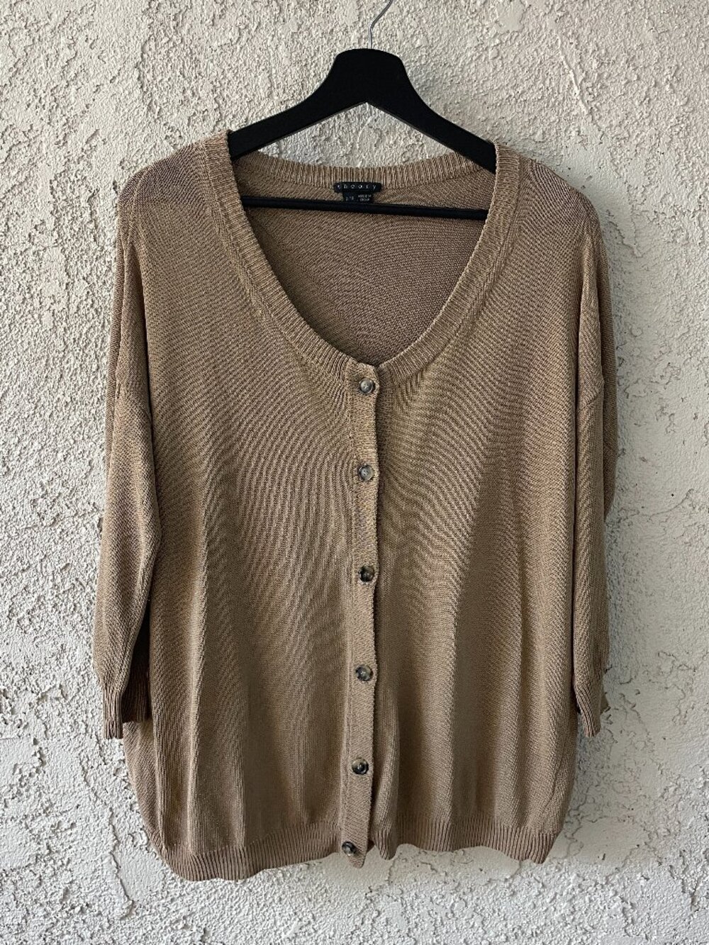 Theory Shaine Sphere Tan Dolman Sleeve Boxy Open Back Knit Cardigan P/TP